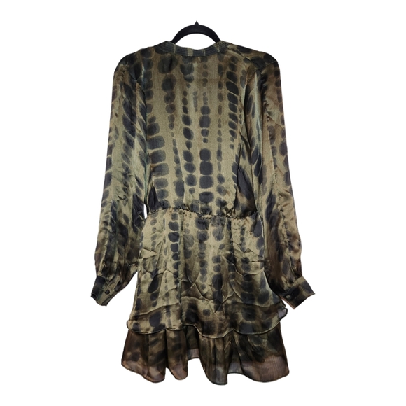 MNG Khaki Green Tie Dye Long Sleeve Tiered Satin Dress Size 6 - Picture 6 of 13